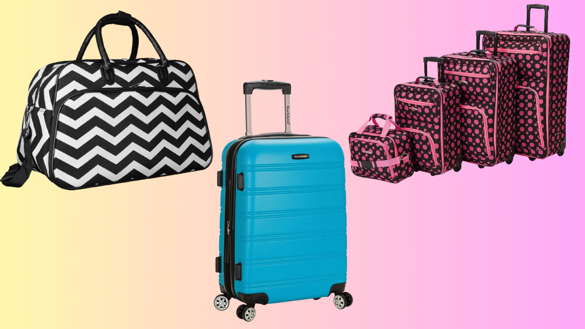 Three pieces of luggage currently on sale at Amazon overlaid on a colorful, gradient background.