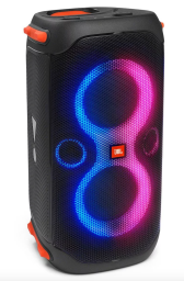 black JBL bluetooth speaker with figure 8 light in blue and pink