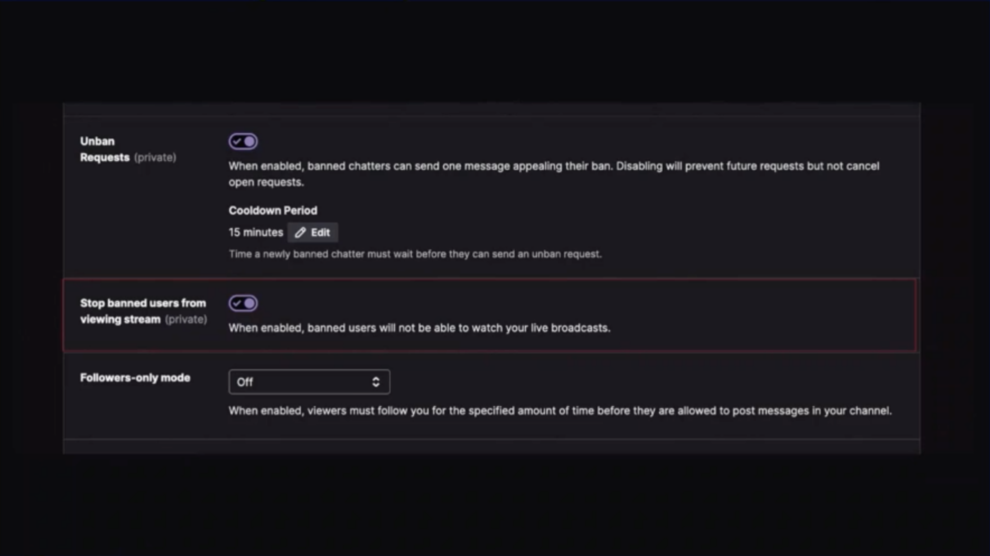 A screenshot of Twitch's dashboard showing the toggle that will enable users to block banned viewers from seeing their stream.