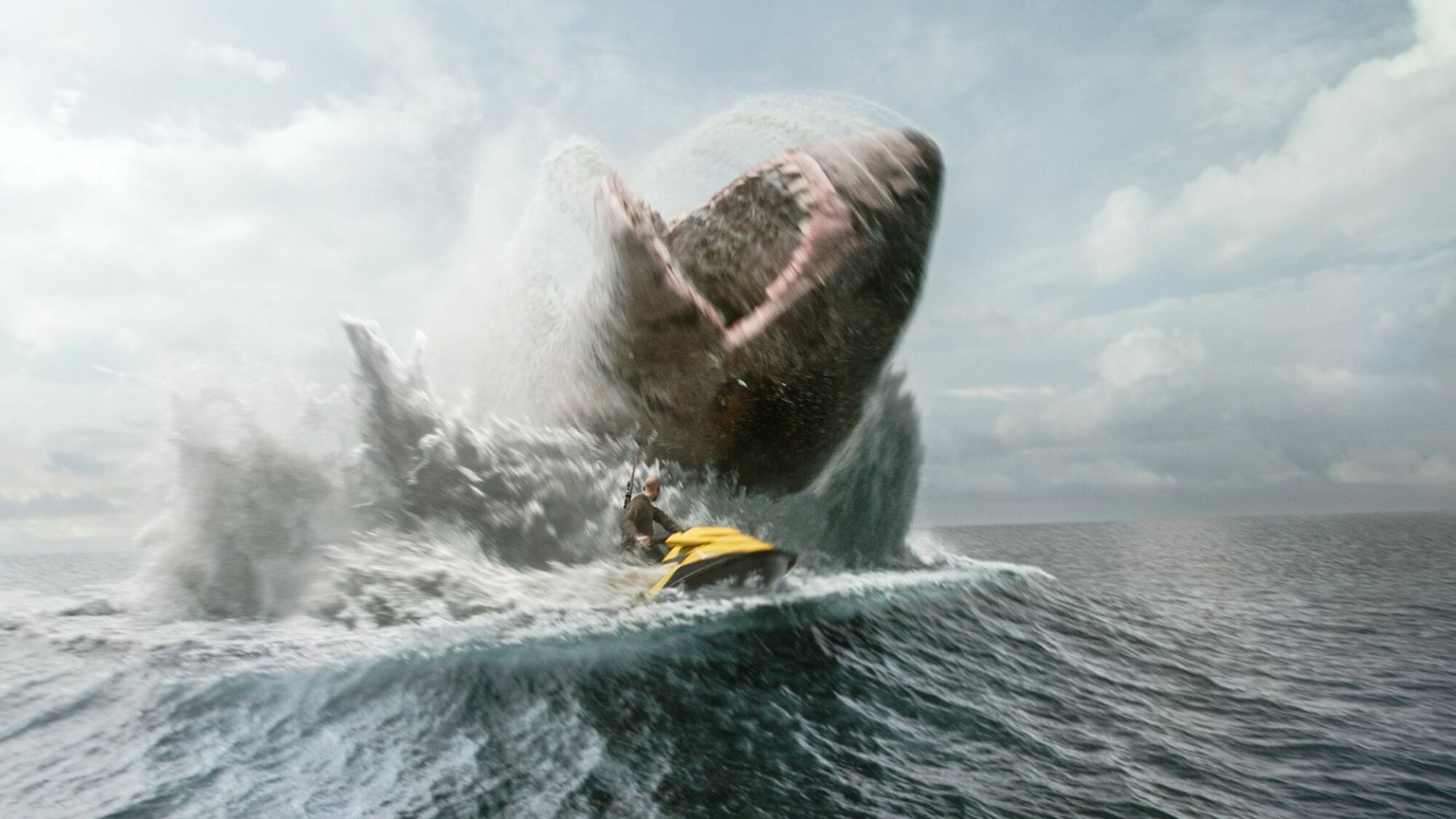 Jason Statham races away from a megladon in "Meg 2: The Trench."