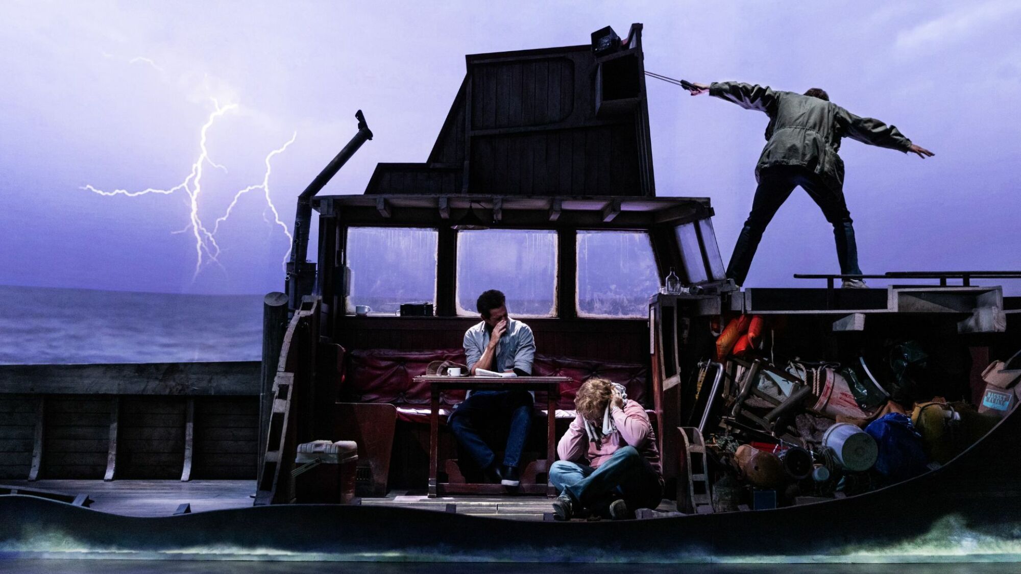 Colin Donnell, Ian Shaw, and Alex Brightman on stage in "The Shark Is Broken."