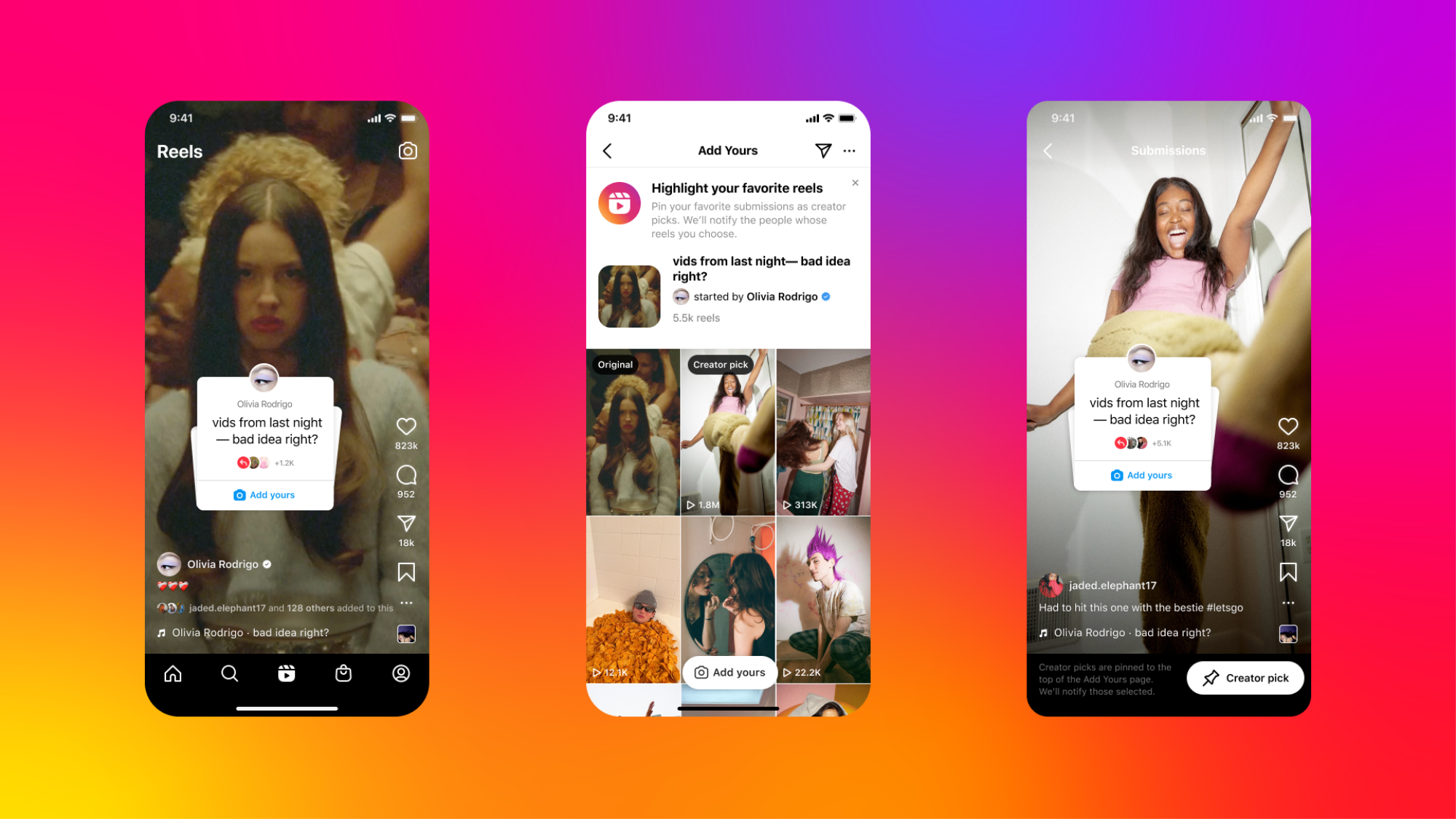 Screenshots showing Instagram's new pinned Add Yours responses.