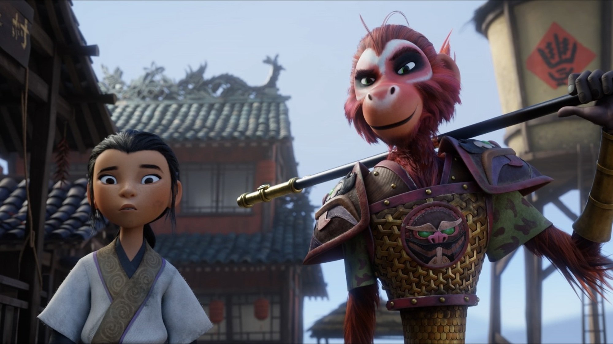 A young girl and a red monkey in armor holding a staff over his shoulder.
