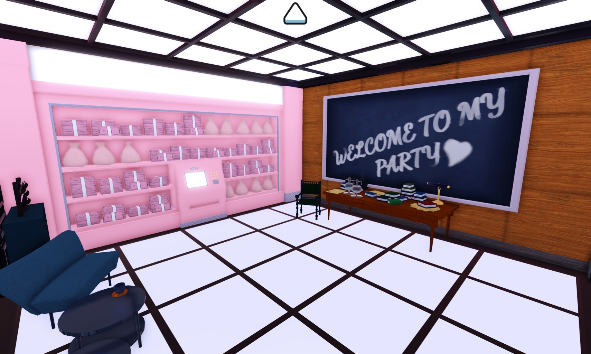 Roblox version of Lisa's bank vault, complete with chalk board and a pink wall stacked with money.