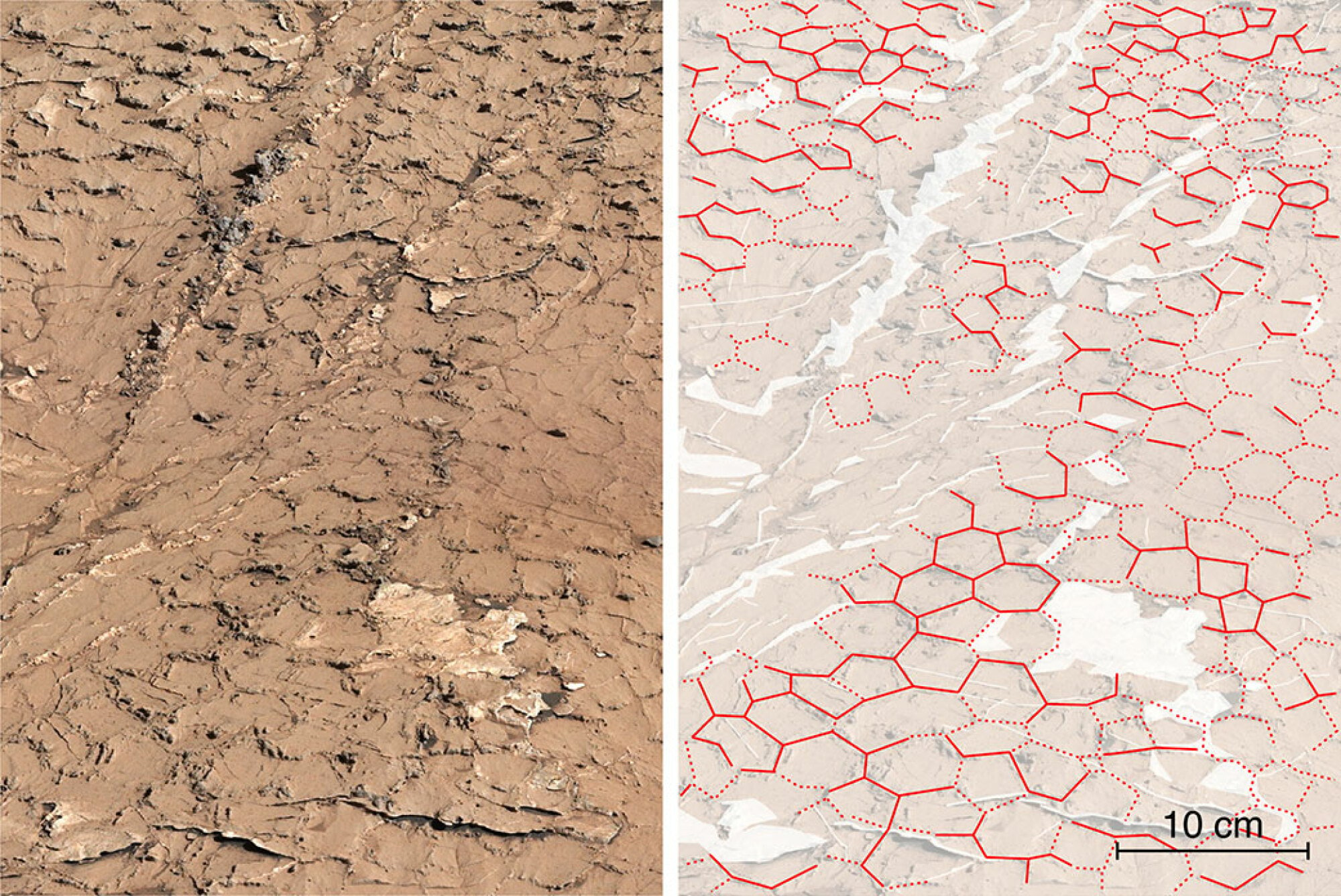 Studying hexagonal mud cracks on Mars