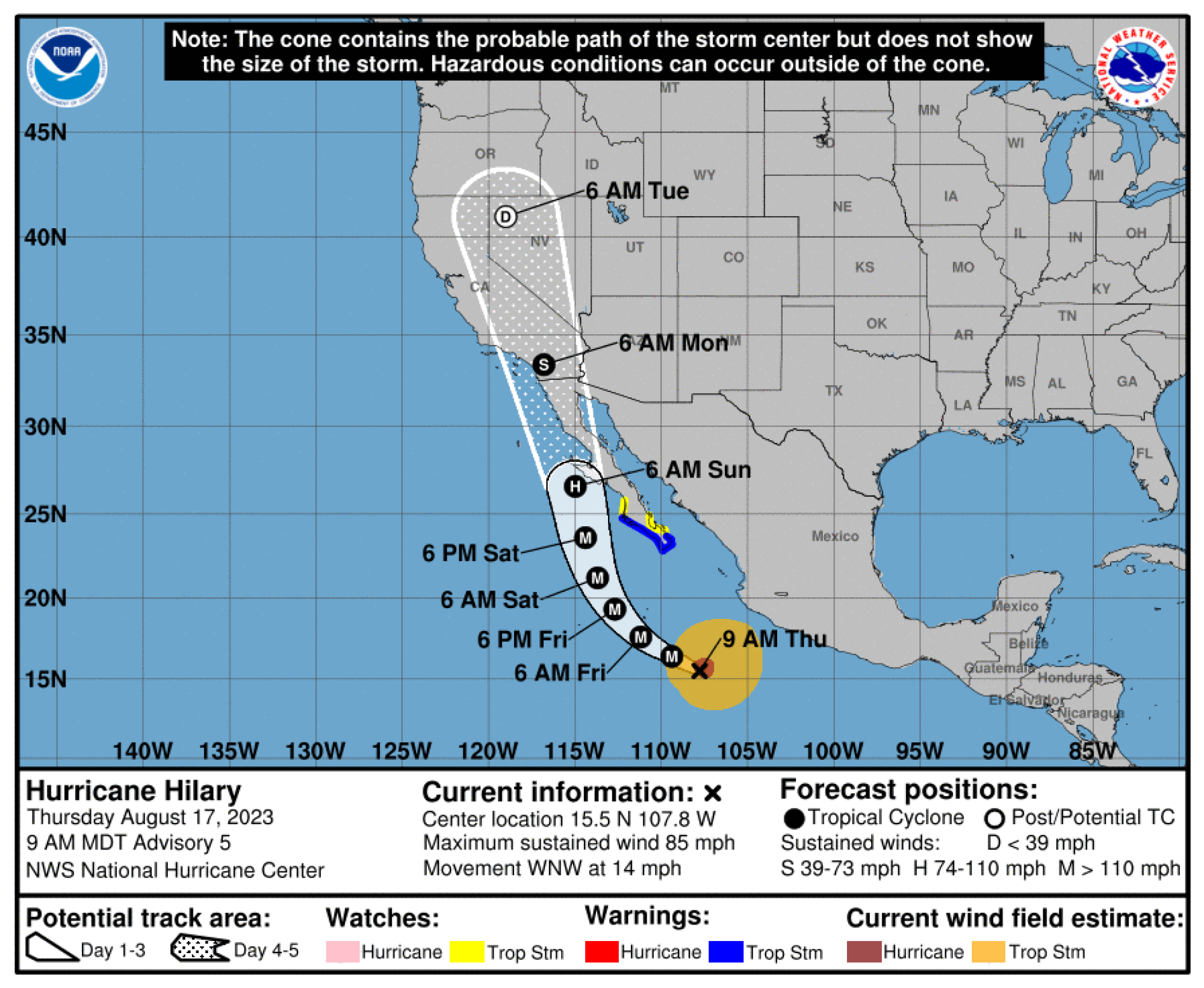 The predicted track for Tropical Storm Hilary as of August 17 at 9 a.m. MDT.