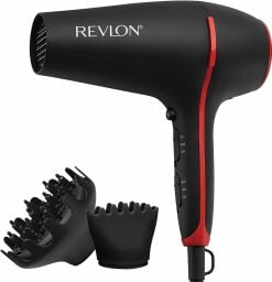 The Revlon SmoothStay Coconut Oil Infused Hair Dryer with its attachments, over a white background