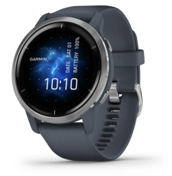 The Garmin Venu 2 watch with a greyish-blue band over a white background