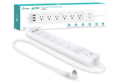 forgregound: white smart plug/surge protector, manufacturer box in white and teal