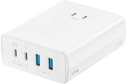 white 4-port USB charger facing left at a 45-degree angle