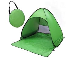 The POP-A-SHADE tent in a green color shown with an accompanying carry bag