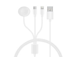 The Three-in-One USB-C, iPhone, and Apple Watch Lightning Charging Cable in a white color over a white background