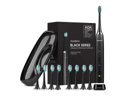 AquaSonic Black Series Toothbrush and Travel Case with eight DuPont brush heads shown over a white background