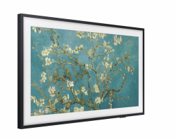 The Samsung 65" The Frame TV over a white background, showing a classical painting on it 