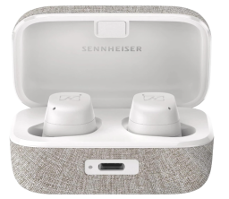 white Sennheiser earbuds in white/grey charging case