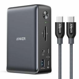The Anker 575 docking station with accompanying cord over a white background