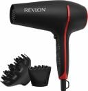 The Revlon SmoothStay Coconut Oil Infused Hair Dryer with its attachments, over a white background