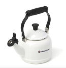 white tea kettle in off-white with black accents