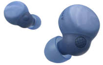blue wireless earbuds: one on the foreground, back view in the background 