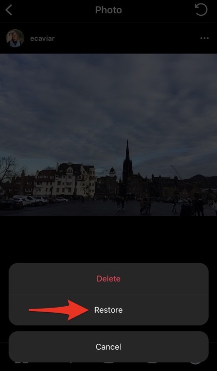 Screenshot of Instagram with a red arrow pointing to "Restore."