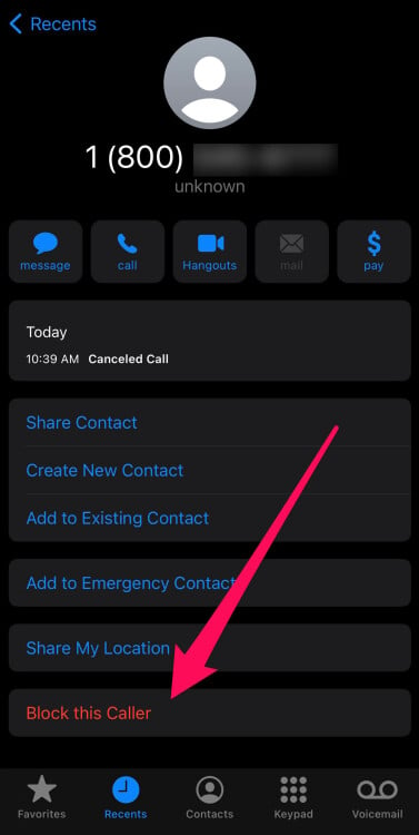 Screenshot of an iPhone with "Block this Caller" highlighted. 