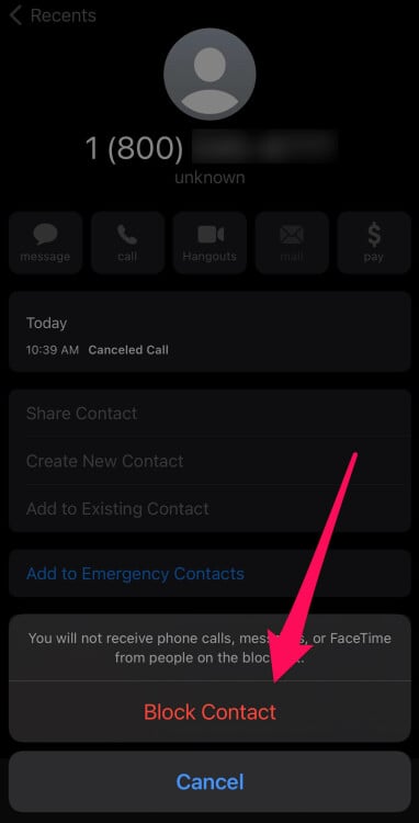 Screenshot of an iPhone with "Block Contact" highlighted. 
