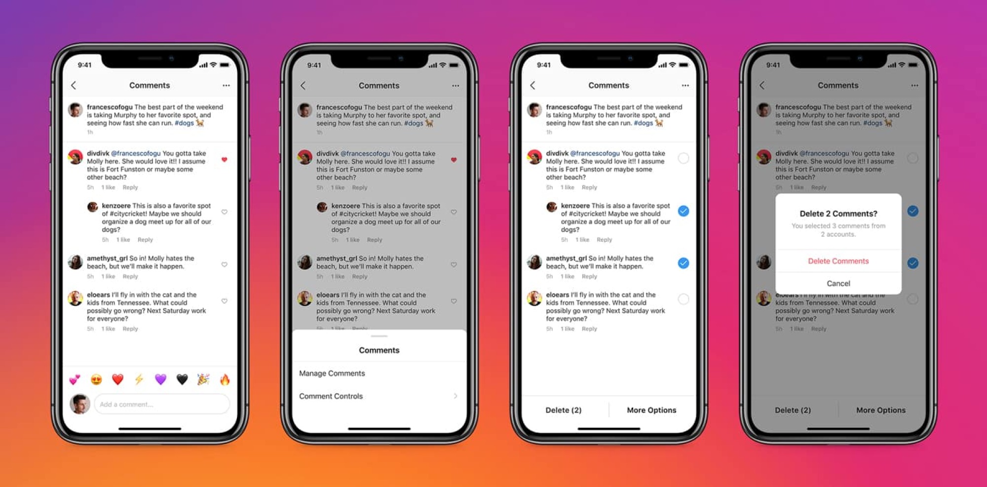 Four phones showing Instagram comment management.