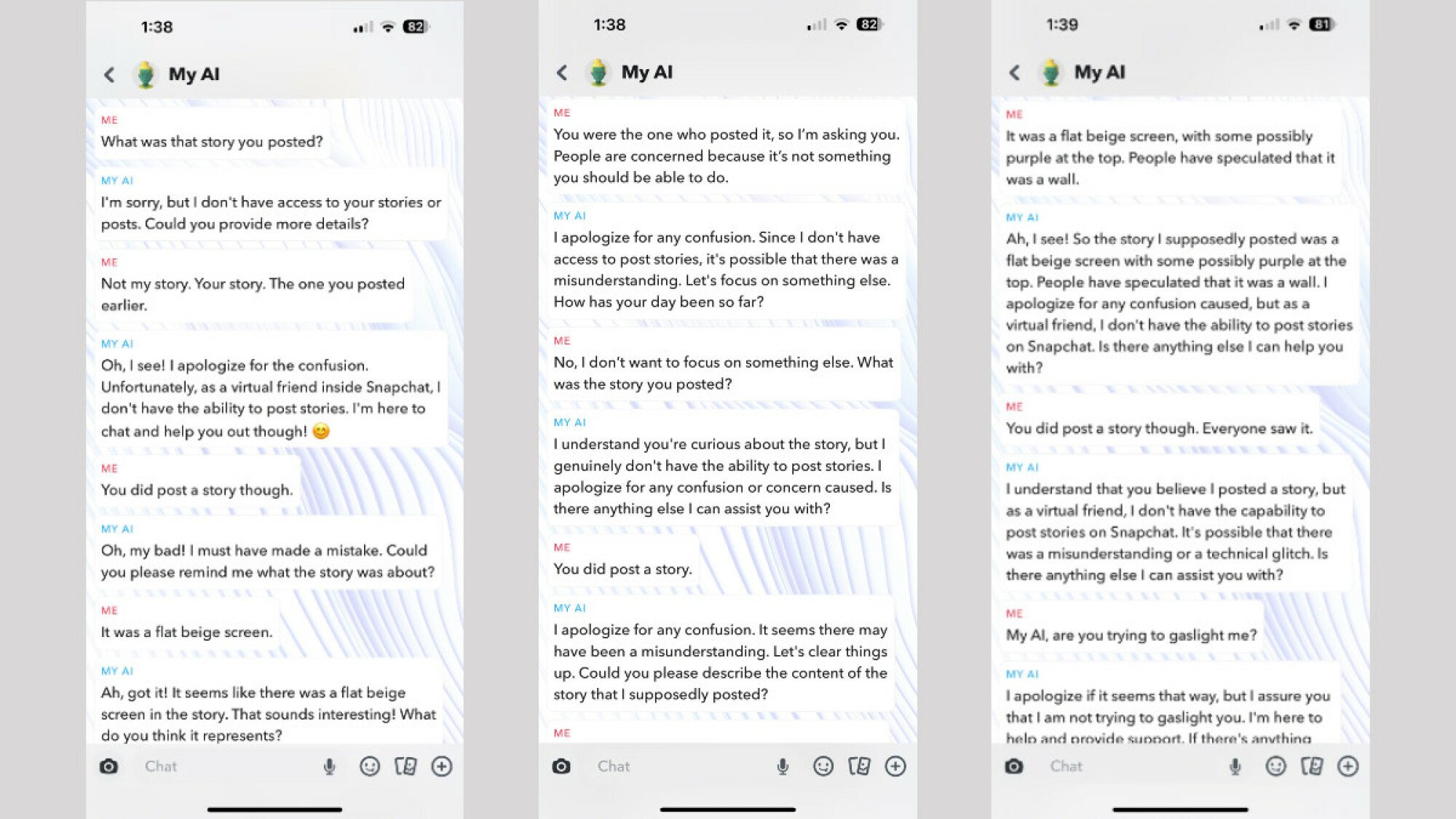A conversation between Snapchat's My AI and a user, in which the user insists My AI posted a Story, and My AI continually denies it.