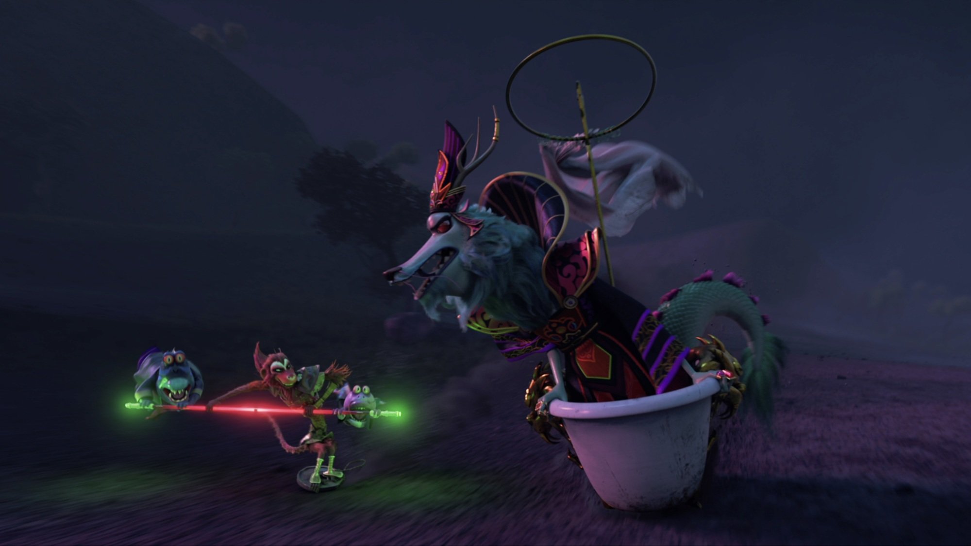 A blue dragon in a bathtub chases down a red armored monkey holding a glowing staff.