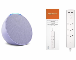 The lavender-colored Echo Pop side by side with an Amazon Smart Plug Power Strip