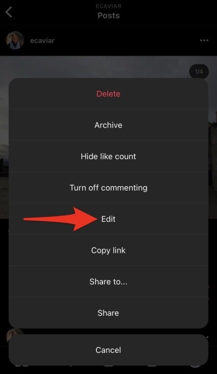 Screenshot of Instagram with red arrow pointing to "Edit."