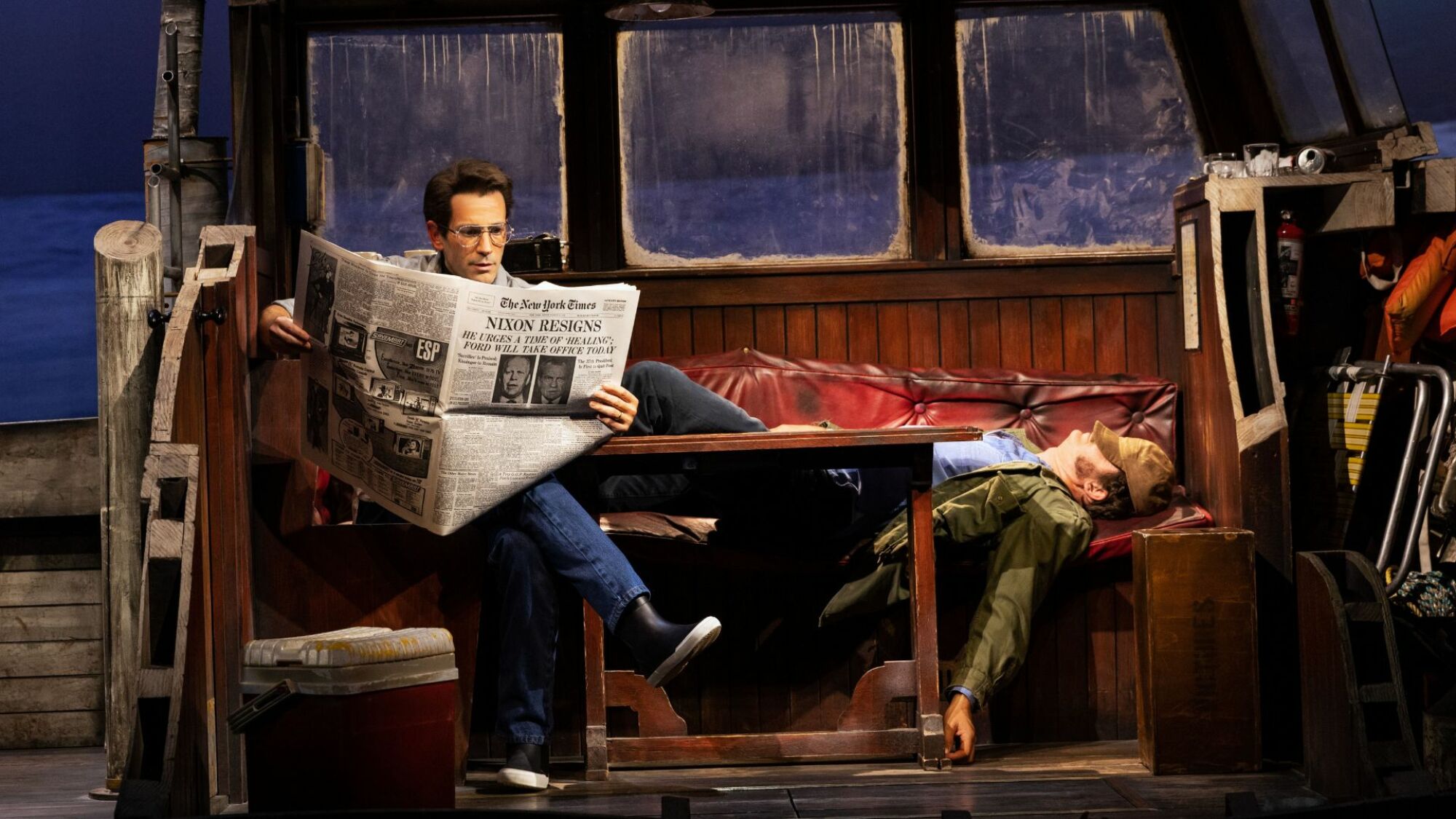 Colin Donnell as Roy Scheider and Ian Shaw as Robert Shaw in "The Shark Is Broken."