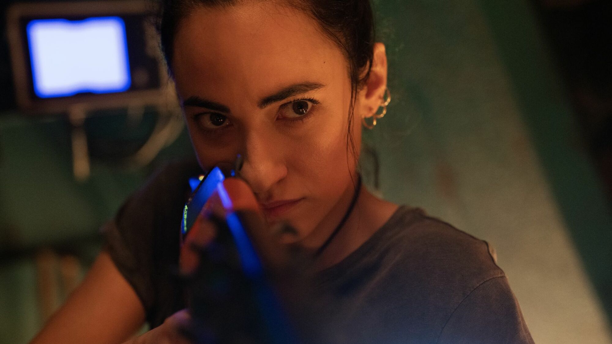 Melissanthi Mahut aims a harpoon gun in "Meg 2: The Trench."