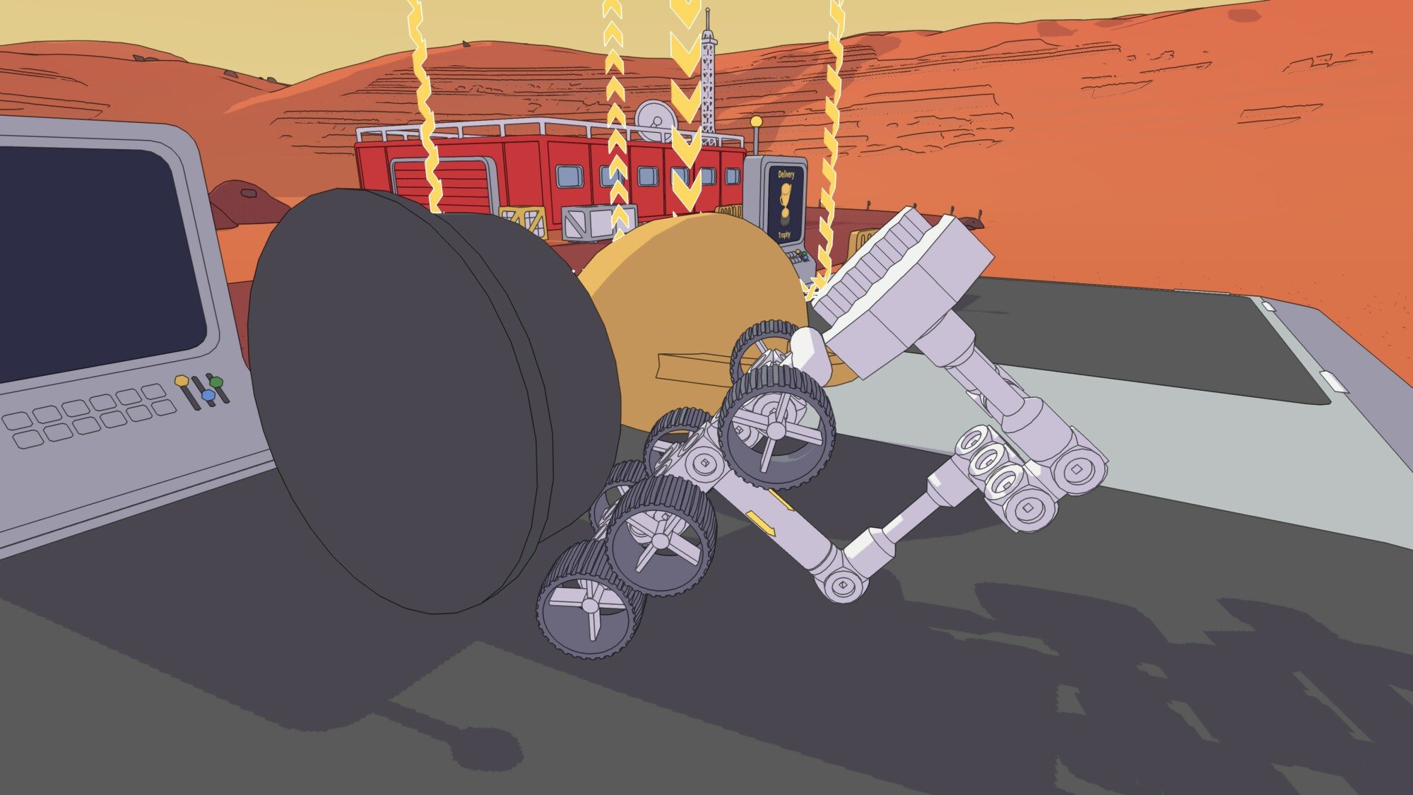 A Mars First Logistics screenshot. In it, a buggy fruitlessly tries to move a giant trophy into a gold rectangle signifying the delivery point.