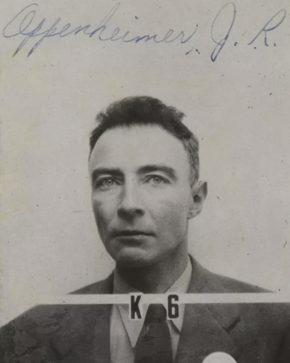 Robert Oppenheimer's Los Alamos security badge photograph.