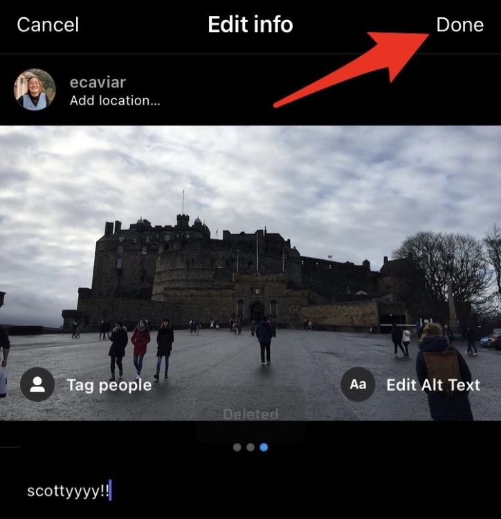 Screenshot of an Instagram post with a red arrow pointing to "Done" in the upper right hand corner. 