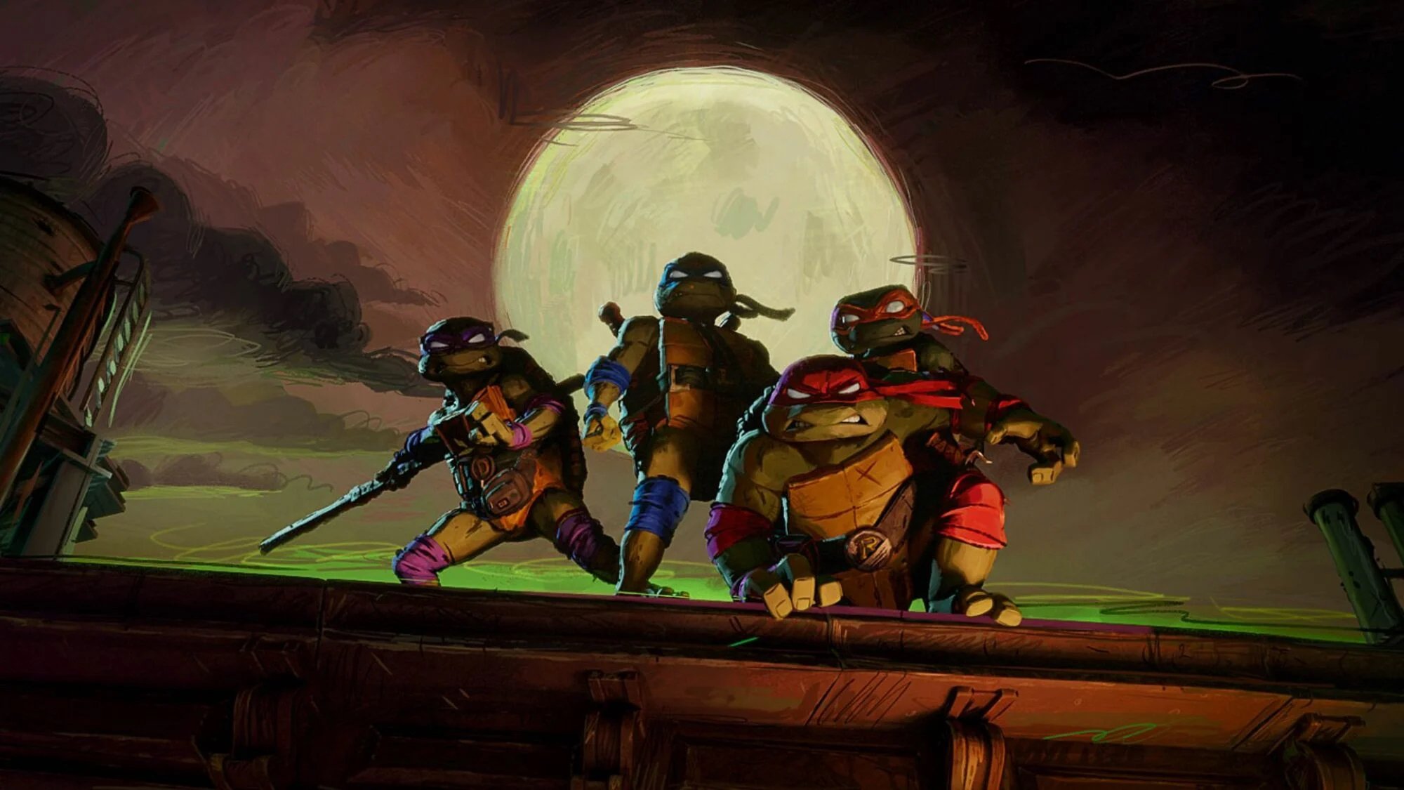 A cartoon of four ninja turtles standing on a roof. 