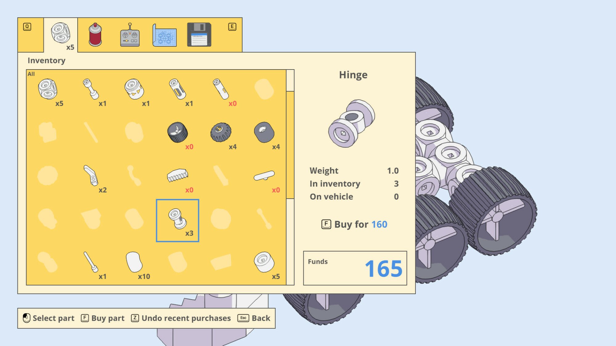 A Mars First Logistics screenshot. In it, it shows the vehicle construction page, along with a menu of different parts.