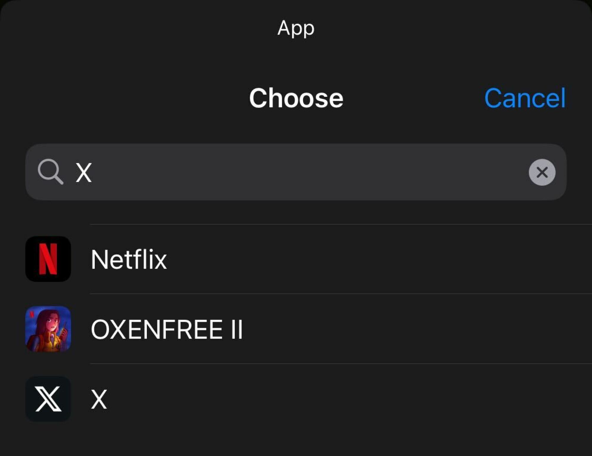 A search for X showing that app and two others.