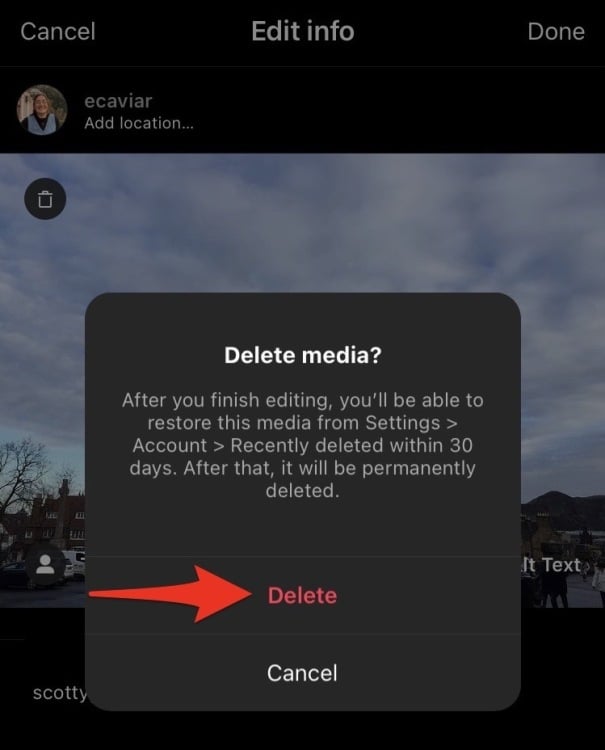 Screenshot of Instagram with a red arrow pointing to "Delete"