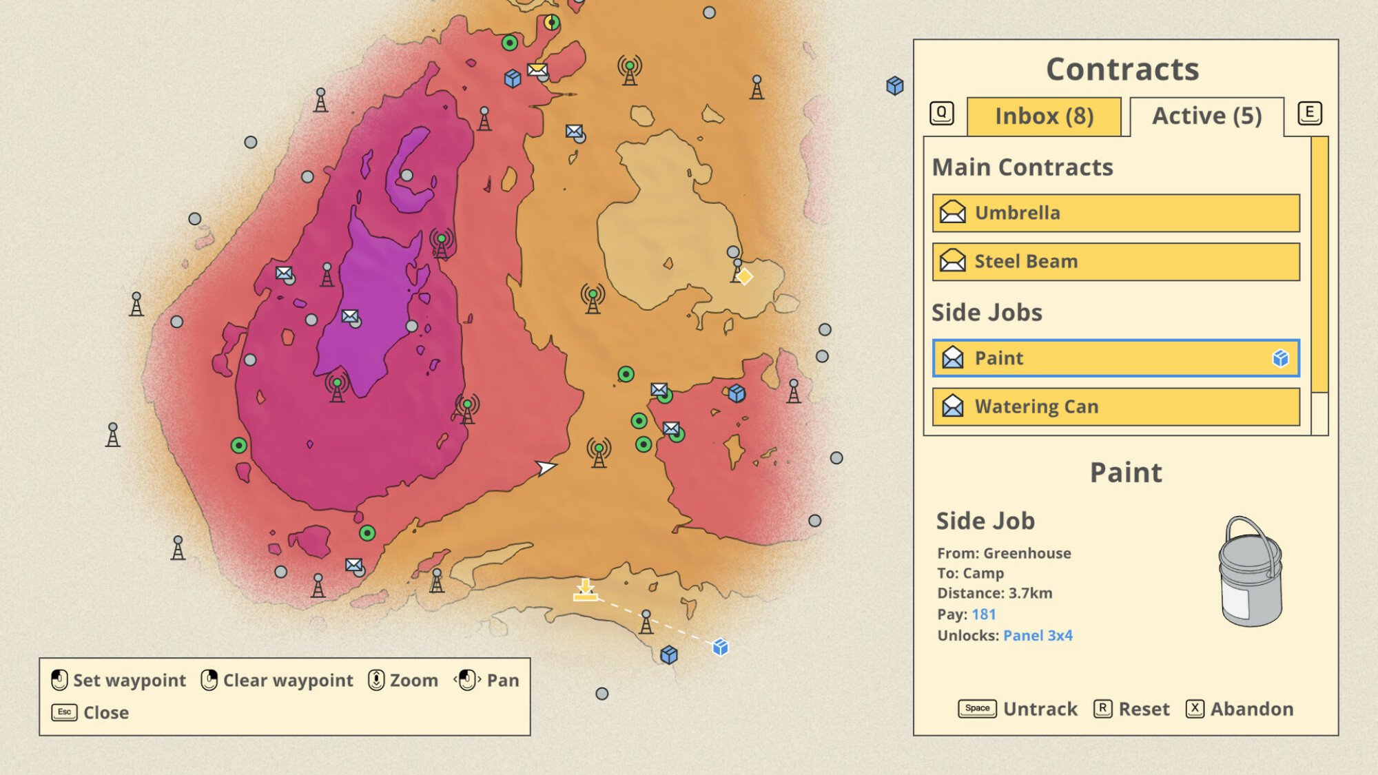 A Mars First Logistics screenshot. It show a map of the game's terrain, alongside a task list.