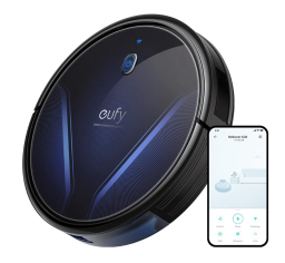 Black and blue Eufy robot vacuum and smartphone with cleaning app on screen
