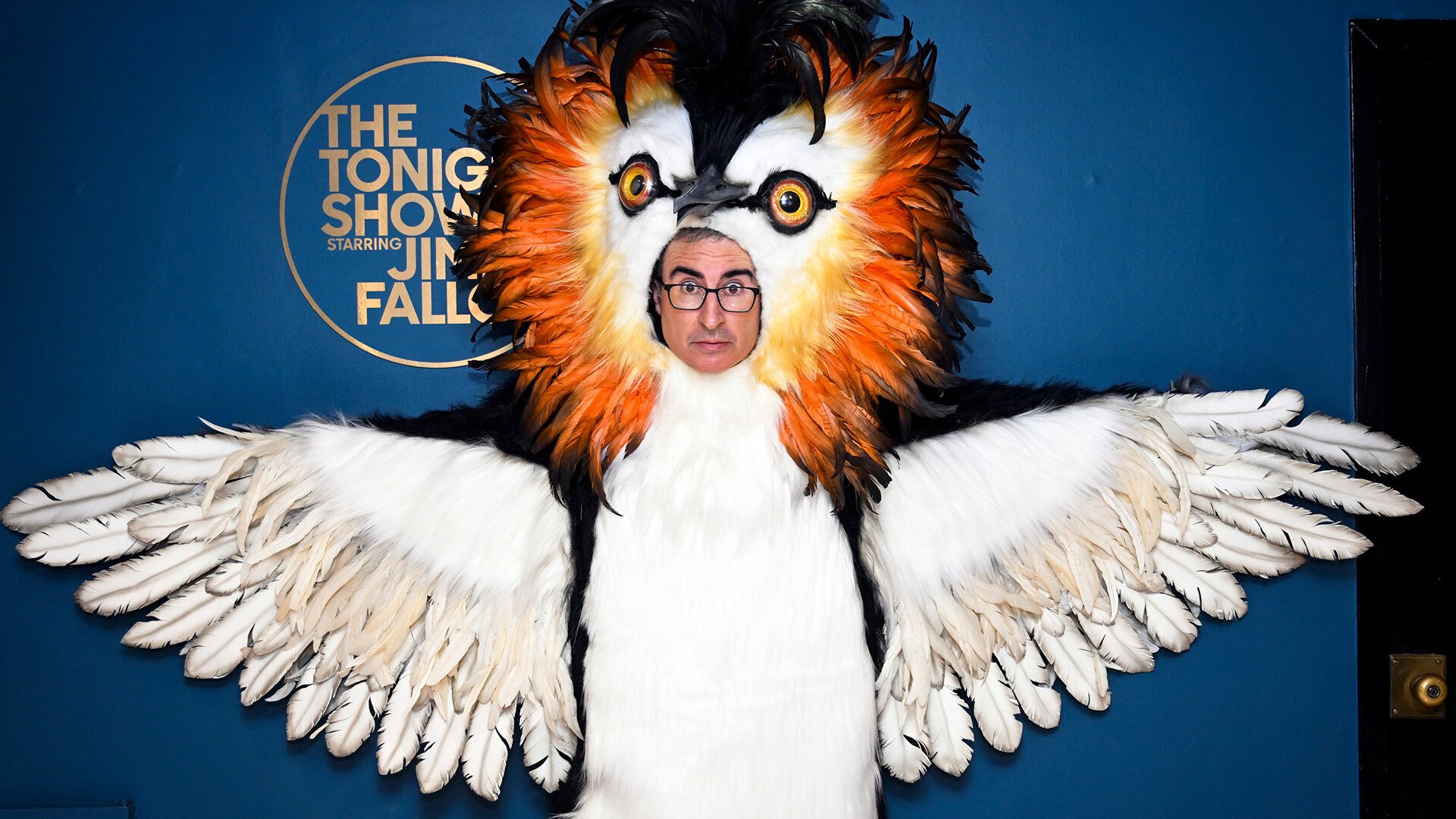 A man in glasses is dressed up as a large bird with an impressive orange plumage.