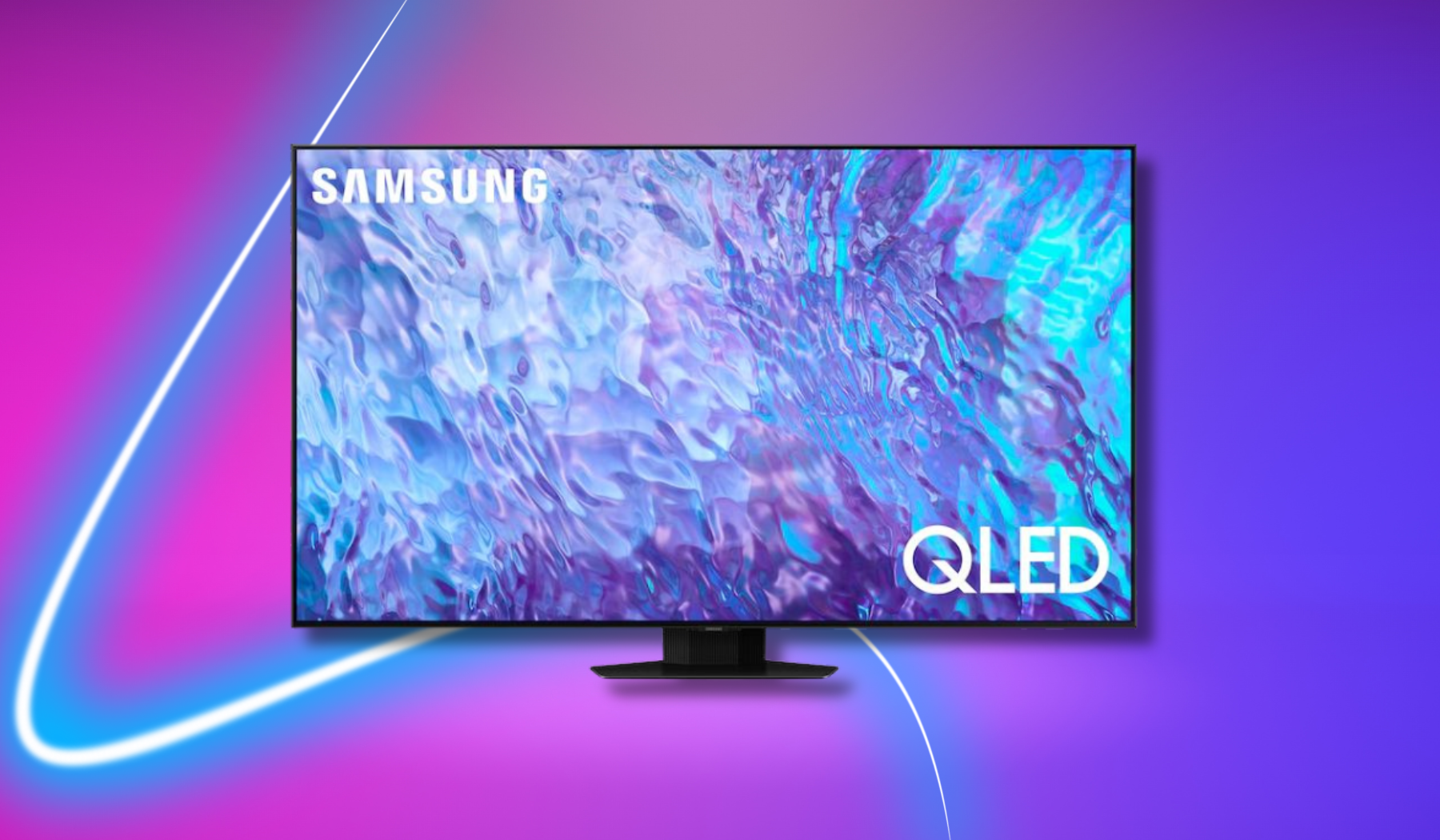 Samsung QLED TV with abstract water screensaver on pink and blue background