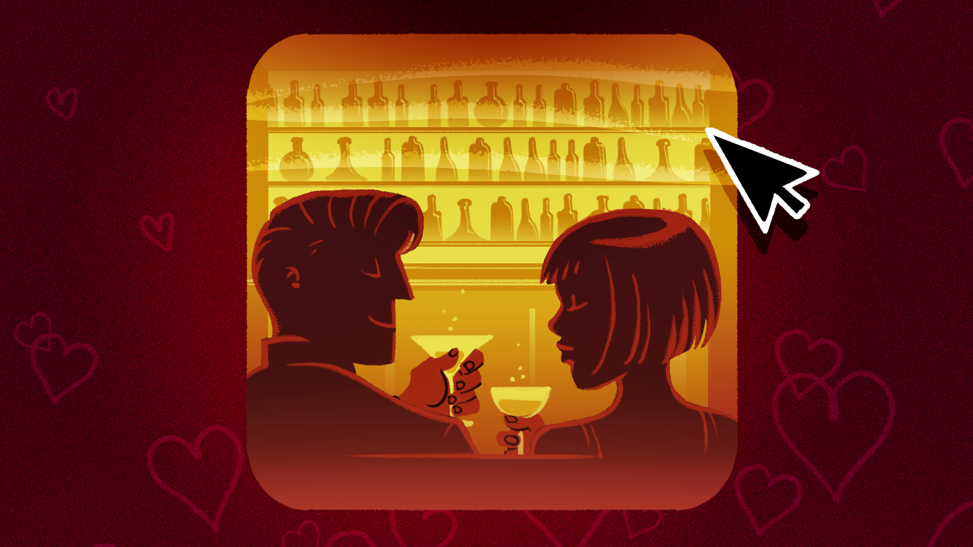 Illustration of a man and woman on a date at a bar, clinking glasses. 