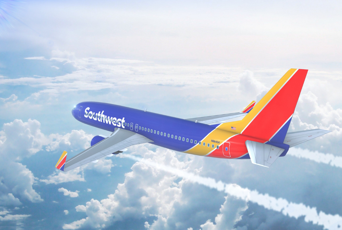 LOS ANGELES, CALIFORNIA, USA - MAY 8 2017: Aerial view of Southwest Airlines Boeing 737 on approach to runway at Los Angeles Airport. 3D Illustration.