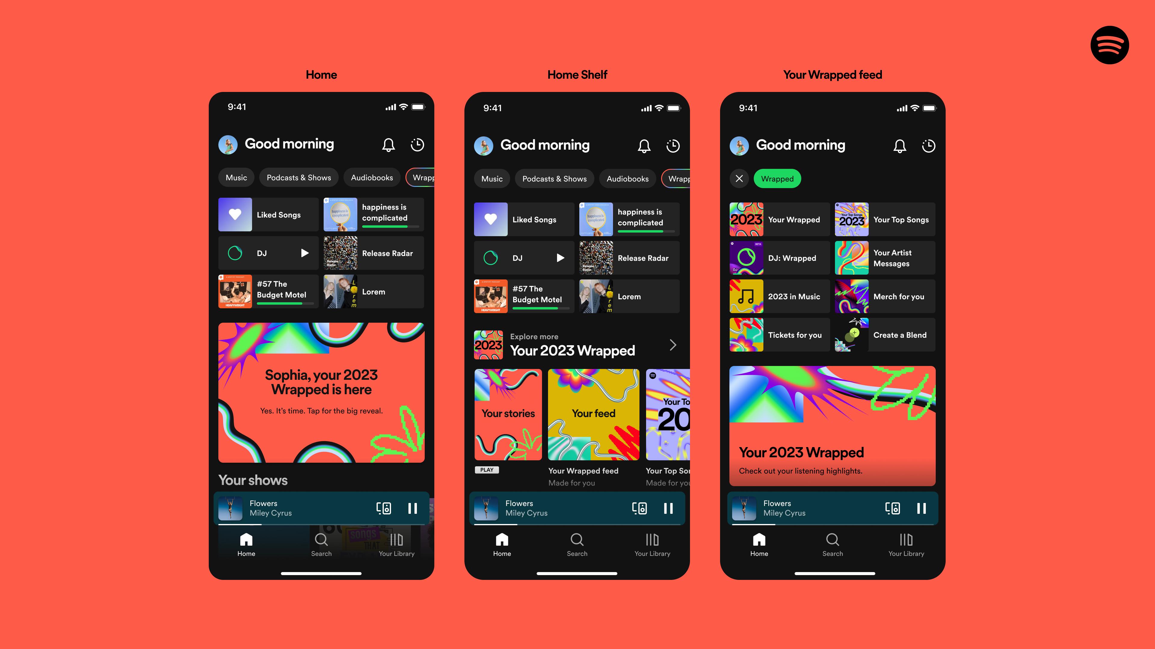 Three Spotify home screens displaying Wrapped content on a pinkish orange background.