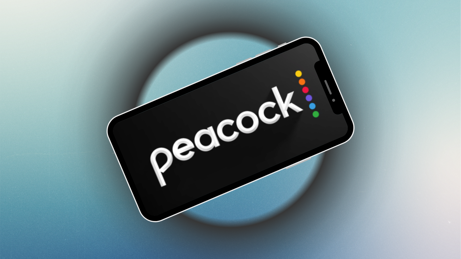 phone with Peacock app logo on screen and blue background