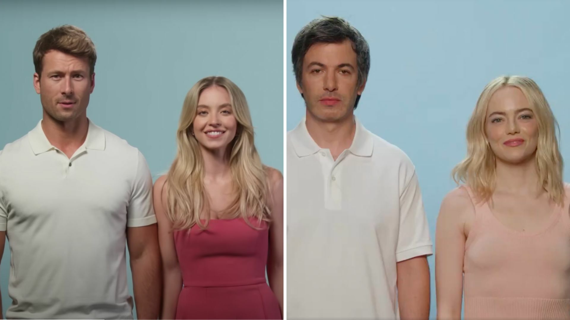 A side by side comparison of two images, both of a man in a white polo standing next to a woman in a pink top against a blue backdrop.