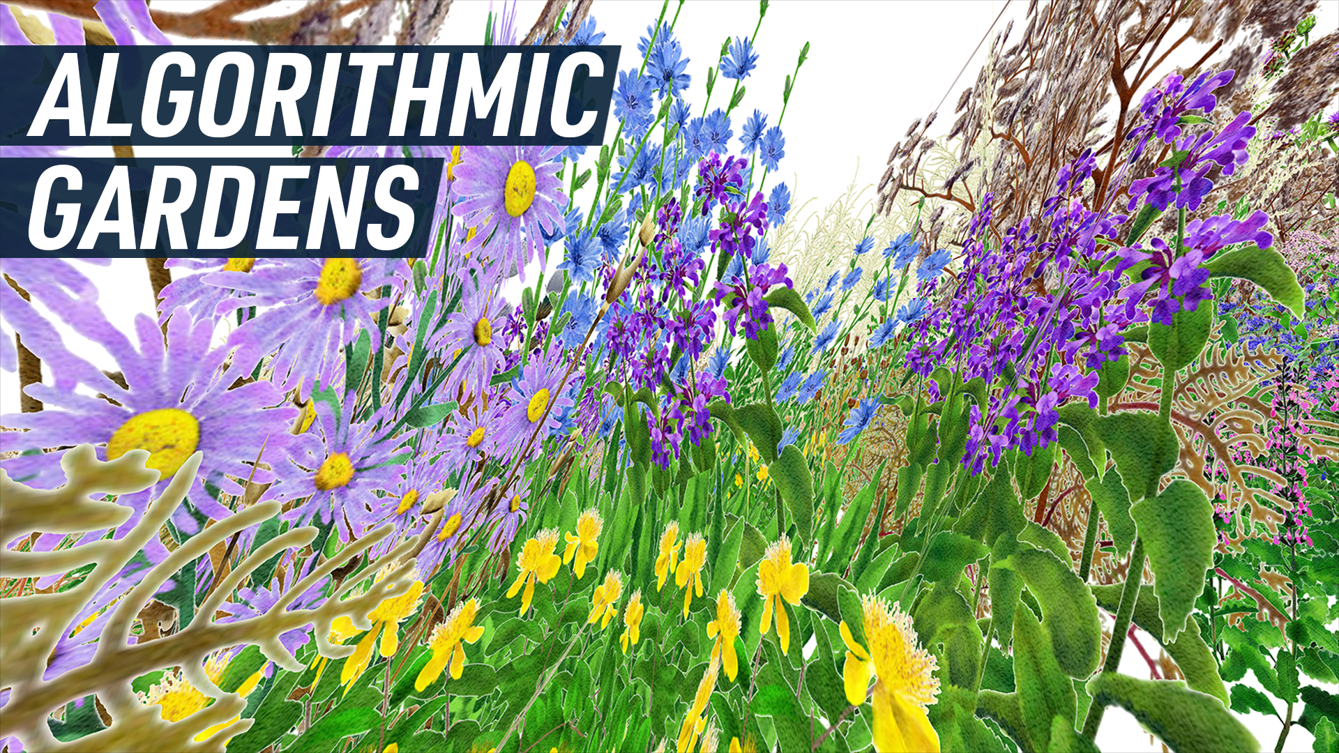 A colourful render shows an illustrated POV of a pollinator as it flows through a garden patch. Caption reads 